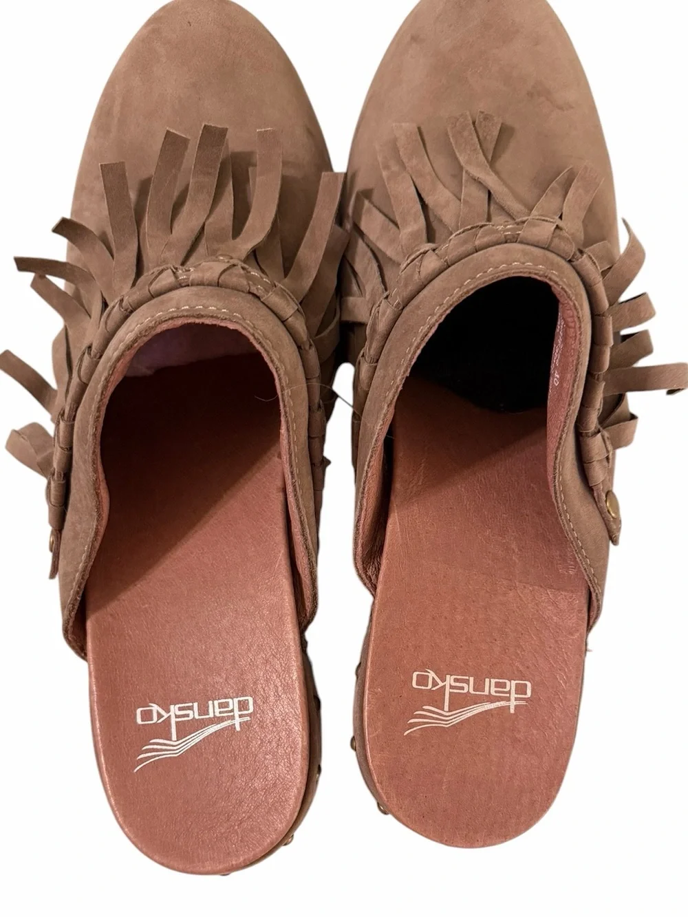 Dansko Deni Clogs EU 40 Taupe Nubuck Fringe Studded Platform Boho Mules